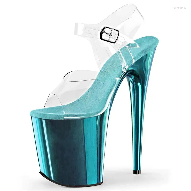 Sandales transparentes à talons de 8 pouces, chaussures de danse sexy pour femmes, modèle Stiletto galvanisé bleu de 20cm