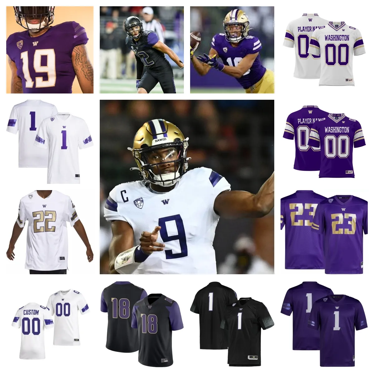 Camisa de futebol Washington Huskies 42 Carson Bruener 1 Jabbar Muhammad 14 William Haskell 58 Zachary Henning 28 Vincent Nunley 75 Robert Wyrsch 0 Jaivion Green