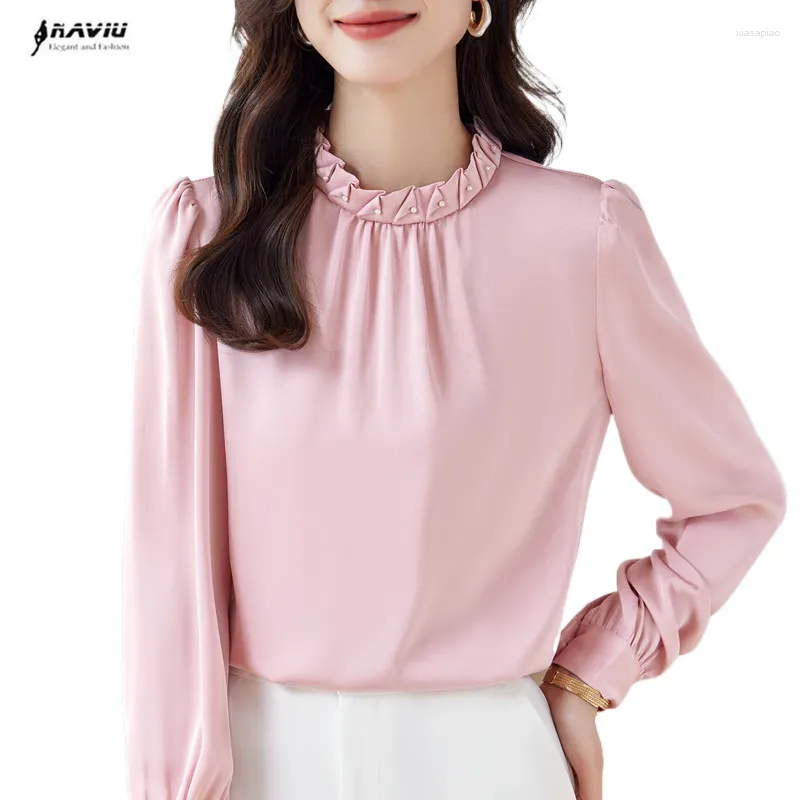 Dames blouses NAVIU roze overhemd dames high-end herfst mode temperament formeel lange mouw satijn kantoor dames werk tops wit