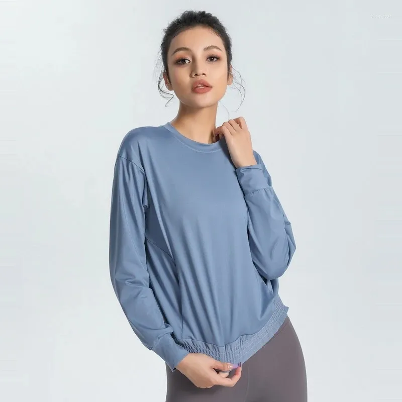 Aktiva skjortor med logotyp Lu Women's Sports Long Sleeve Fitness Shirt Wide Truffle Navelical Top Yoga T-Shirt sportkläder