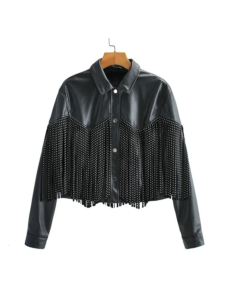 Women's Leather Faux Leather FTLZZ Autumn Winter Tassel Rivet Faux Leather short Jackets Women Loose Moto Bike Soft PU Leather Coat Single Breasted Outwear 231024