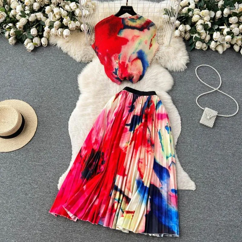 Work Dresses LKF Blooming Printed Skirt Suit Women's Thread Temperament Half-high Collar Top Pleated Two-piece Set