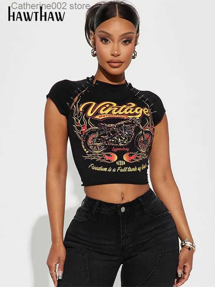 Kvinnors t-shirt Hawthaw Women Short Sleeve Graphic Y2K Streetwear Black Crop Tops T Shirts Tees 2023 Summer Clothes Wholesale Party for Business T231024