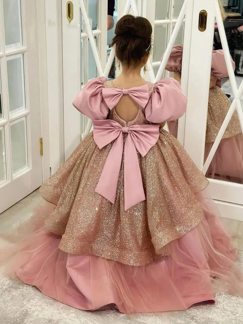 Vestidos de menina de luxo vestido de flor rosa para casamento manga curta puff o pescoço grande arco princesa vestido de festa aniversário