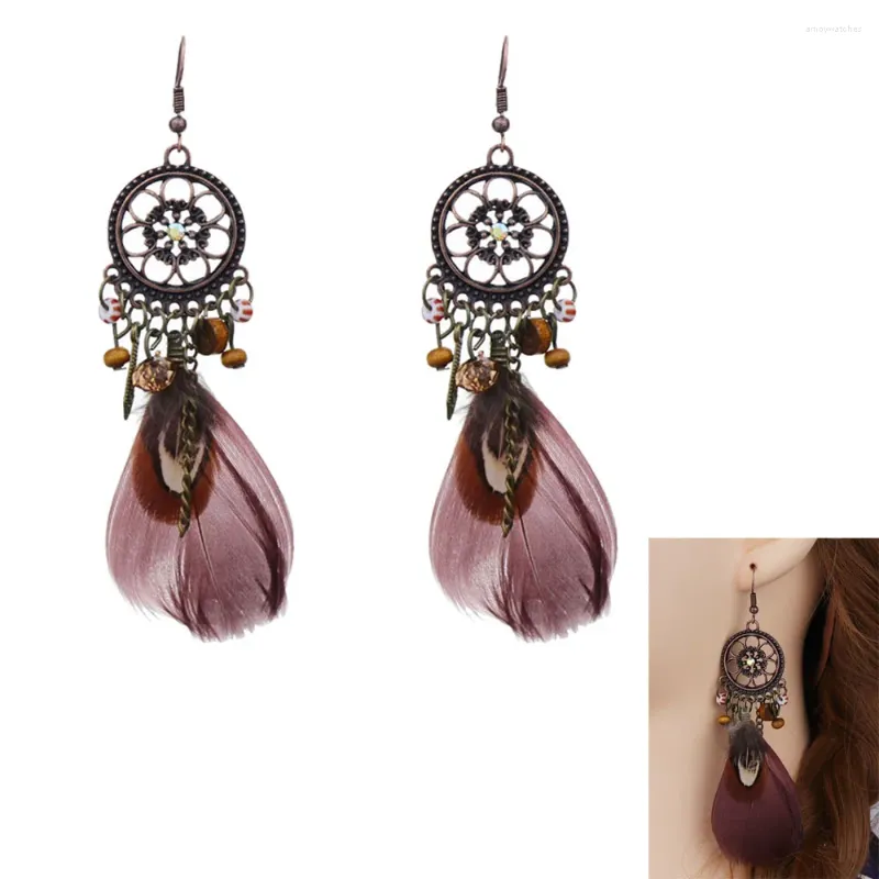 Dangle Earrings Vintage Round Tassel Dream Catcher Women Bohemian Feather Fringe Long Drop For Female Jewelry