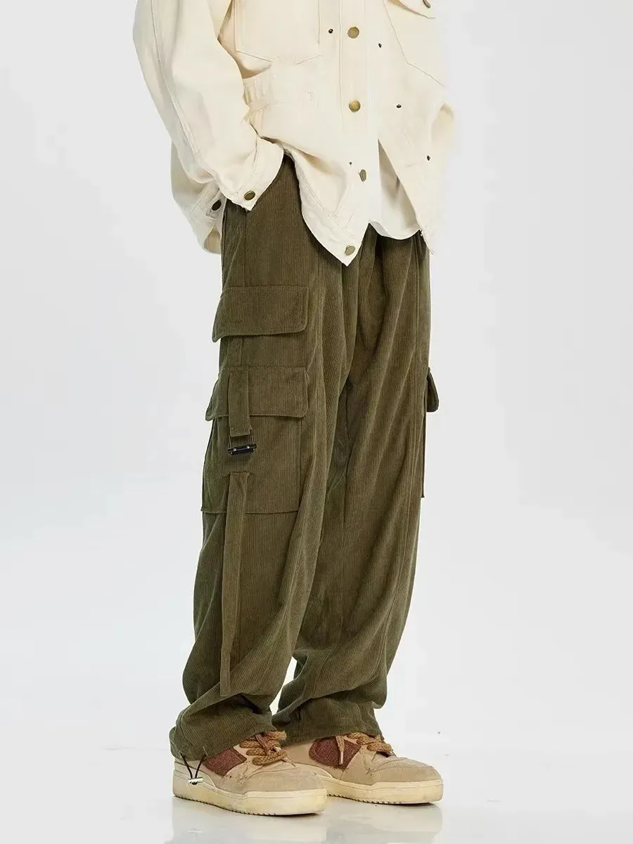 Pantaloni da uomo HOUZHOU Velluto a coste Cargo da uomo Pantaloni oversize a gamba larga Maschile Streetwear Hip Hop Harajuku Verde sciolto giapponese vintage 231024