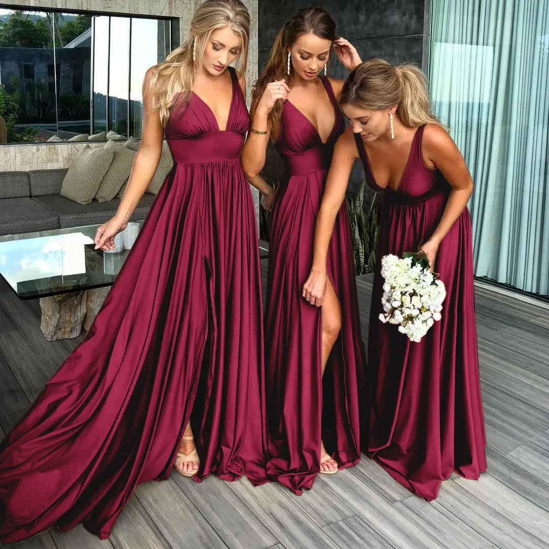 Vestidos de dama de honra femininos, 9 cores, irmã, grupo, sexy, divisão, decote em v, costas nuas, sem mangas, formal, casamento, festa de noite