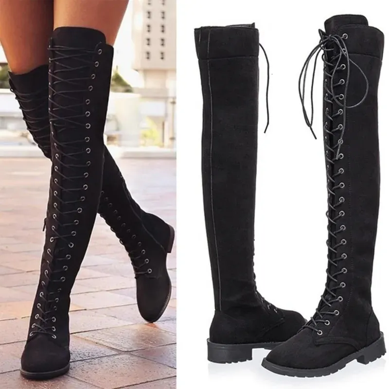 Botas femininas sobre o joelho moda sexy rendas inverno quente coxa alta cor sólida senhoras cavaleiro botas de mujer 231023