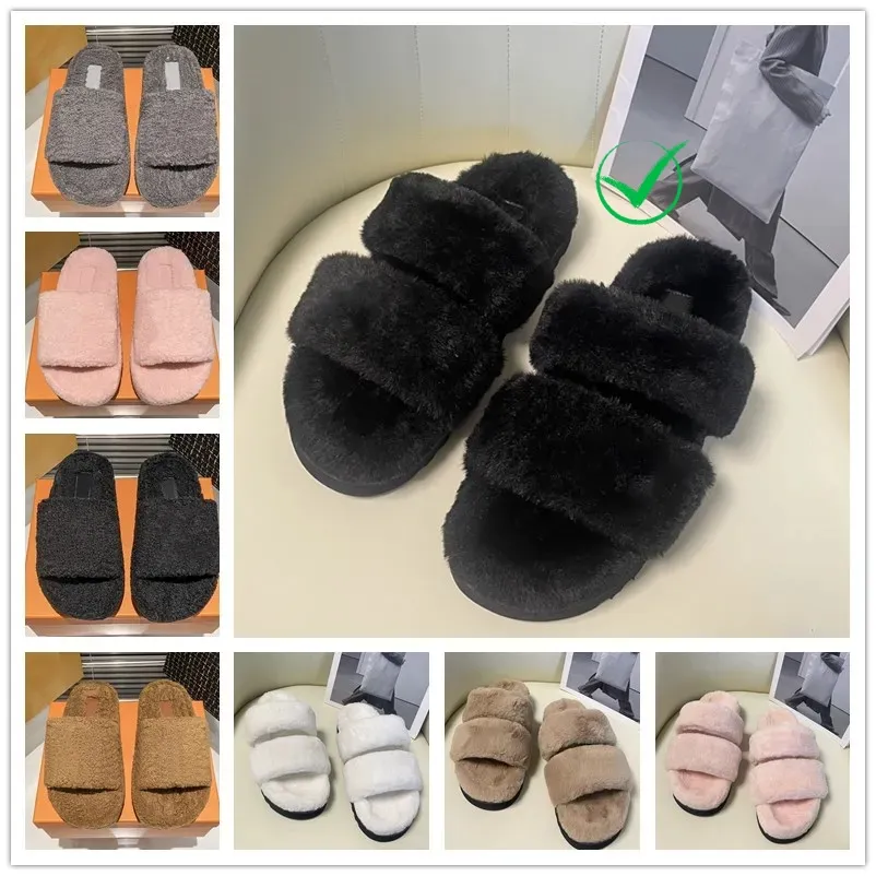 Designer-Frauen-Hausschuhe, Sandalen, Damen-Wollrutschen, Winter, pelzig, warme Buchstaben, bequem, flauschig, umgekehrtes dreieckiges Eisenblech, Flip-Flop, Slipper 35–40