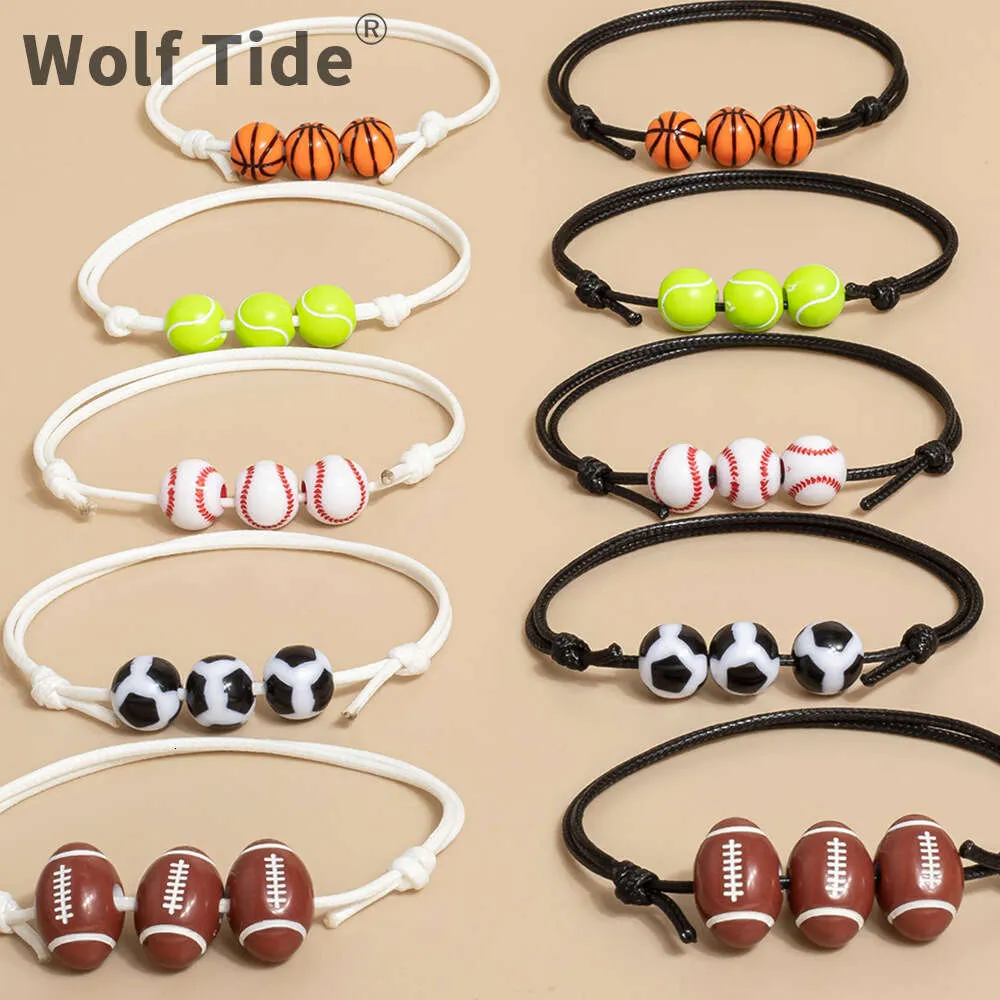 Bracelet de basket-ball, de football, de volley-ball, réglable, fil de cire imperméable, tissé tressé, softball, tennis, rugby, breloques, bracelets de perles, bijoux faits à la main pour fans de sport