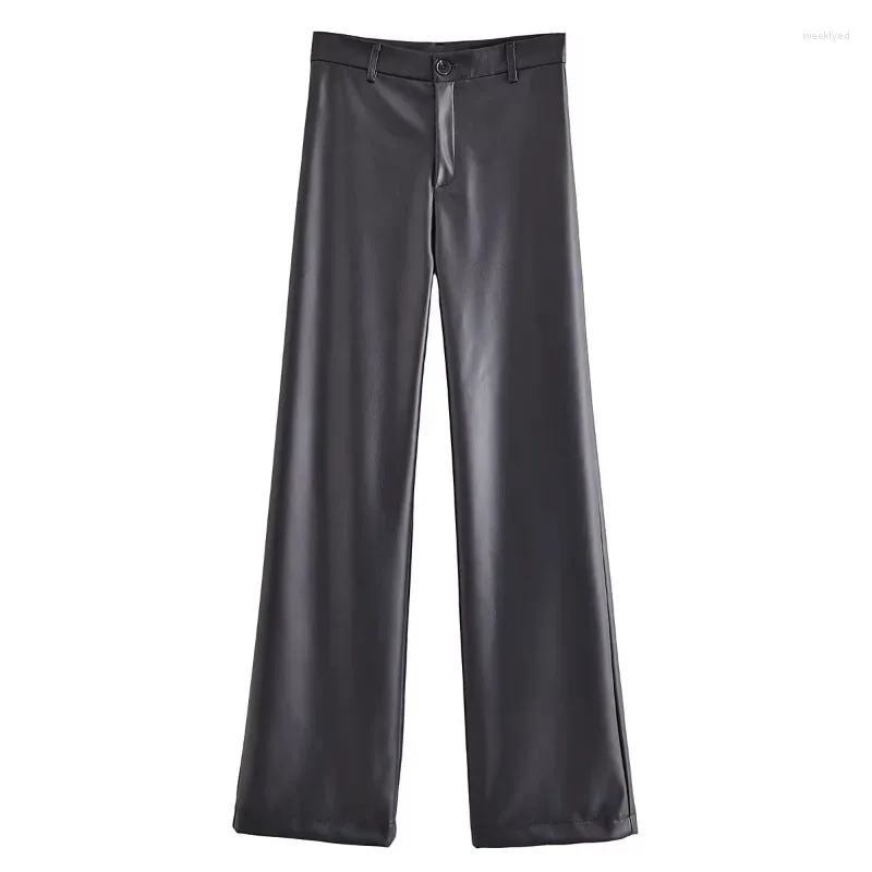 Pantalon Femme Femmes Mode Faux Cuir Droite Vintage Taille Haute Fermeture À Glissière Pantalon Femme