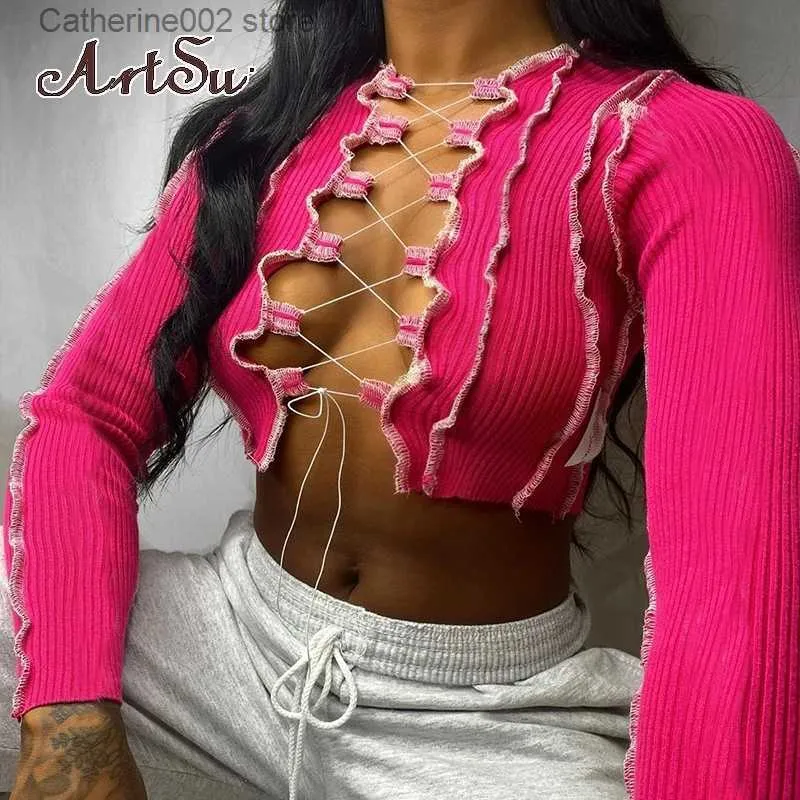 Women's T-Shirt Artsu 8 Colors Sexy Hollow Out Women Long Sleeve Crop Tops Striped Patchwork Drawstring Ribbed Bandage Fitness Clothes T231024