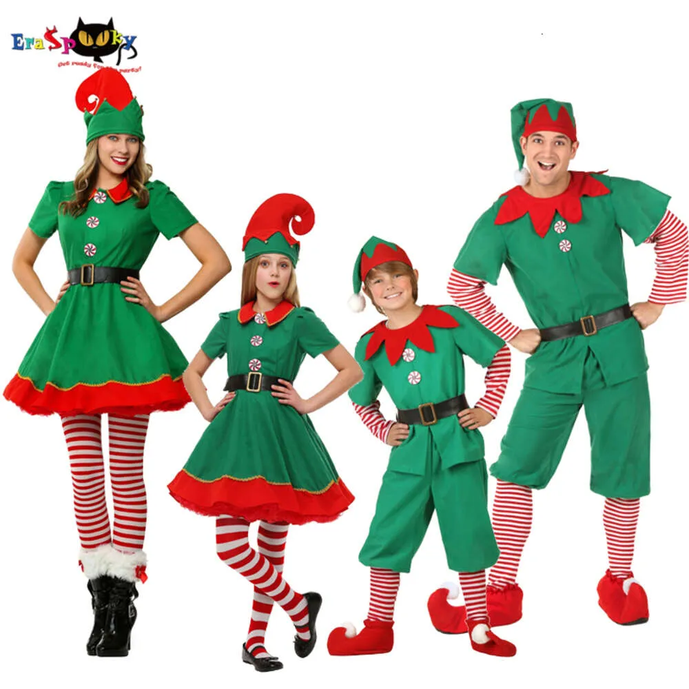 cosplay Costumi da elfo di Natale verde Costume da Babbo Natale per adulti Cosplay Vestiti coordinati per la famiglia Vestito da carnevale per bambini Vestito per capodanno per ragazze Hatcosplay