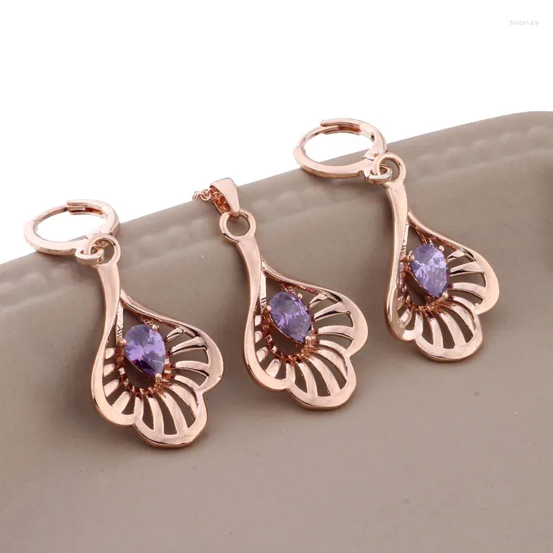 Ensemble de boucles d'oreilles et collier en Zircon naturel violet brillant pour femmes, couleur or Rose, Vintage, pour mariage, 585