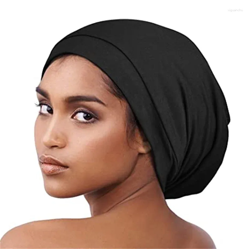 Roupas étnicas 2023 Moda Mulheres Stretchy Beanie Hat Cetim Forro Chemo Cap Muçulmano Headwear Algodão Turbante Bonnet Senhoras Acessórios de Cabelo
