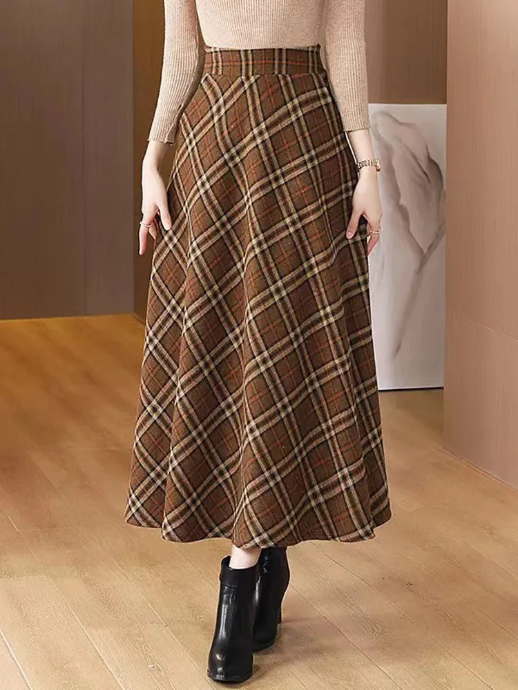 Gonne Gonna scozzese vintage Donna Gonna lunga allentata casual Autunno Inverno Donna Elegante moda Gonne lunghe Lady Gonna coreana a vita alta 231023