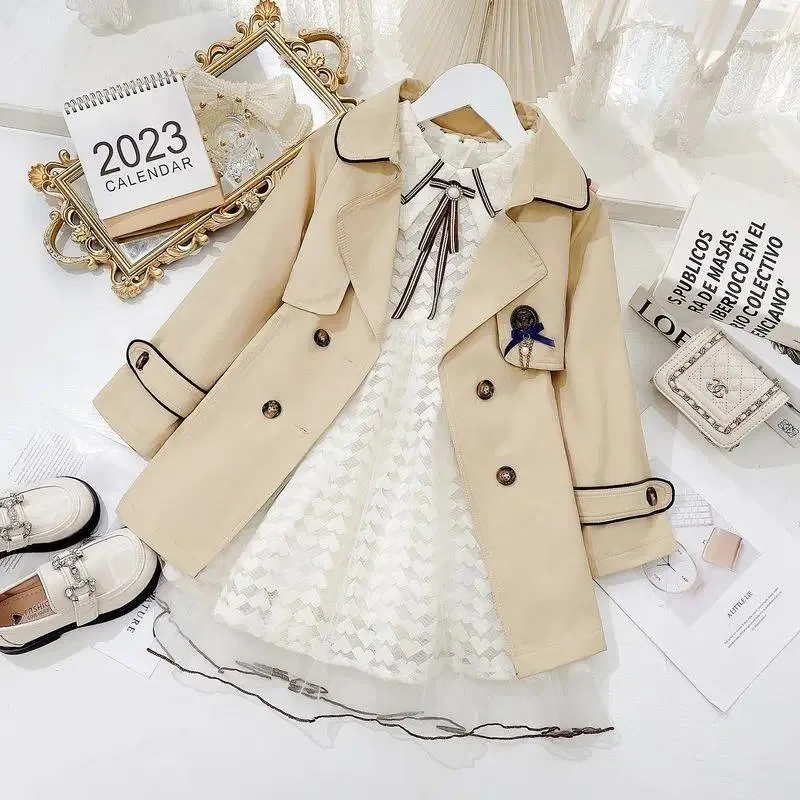 Coat 4-14 år Spring Autumn Girls Windbreaker Trench Windproof Children Kid's Mid-Längd Jacket Baby Teenagers Overrock