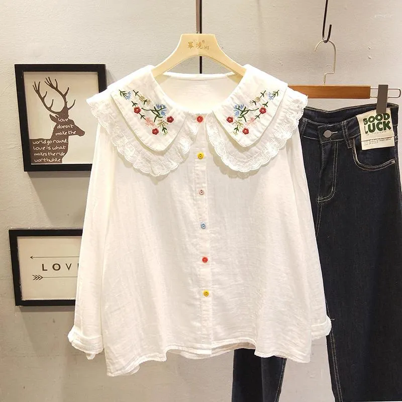 Women's Blouses Embroidered Doll Collar White Shirt Female Age-Reducing Sentie Sweet Small Fresh Large Lapel Wear Top