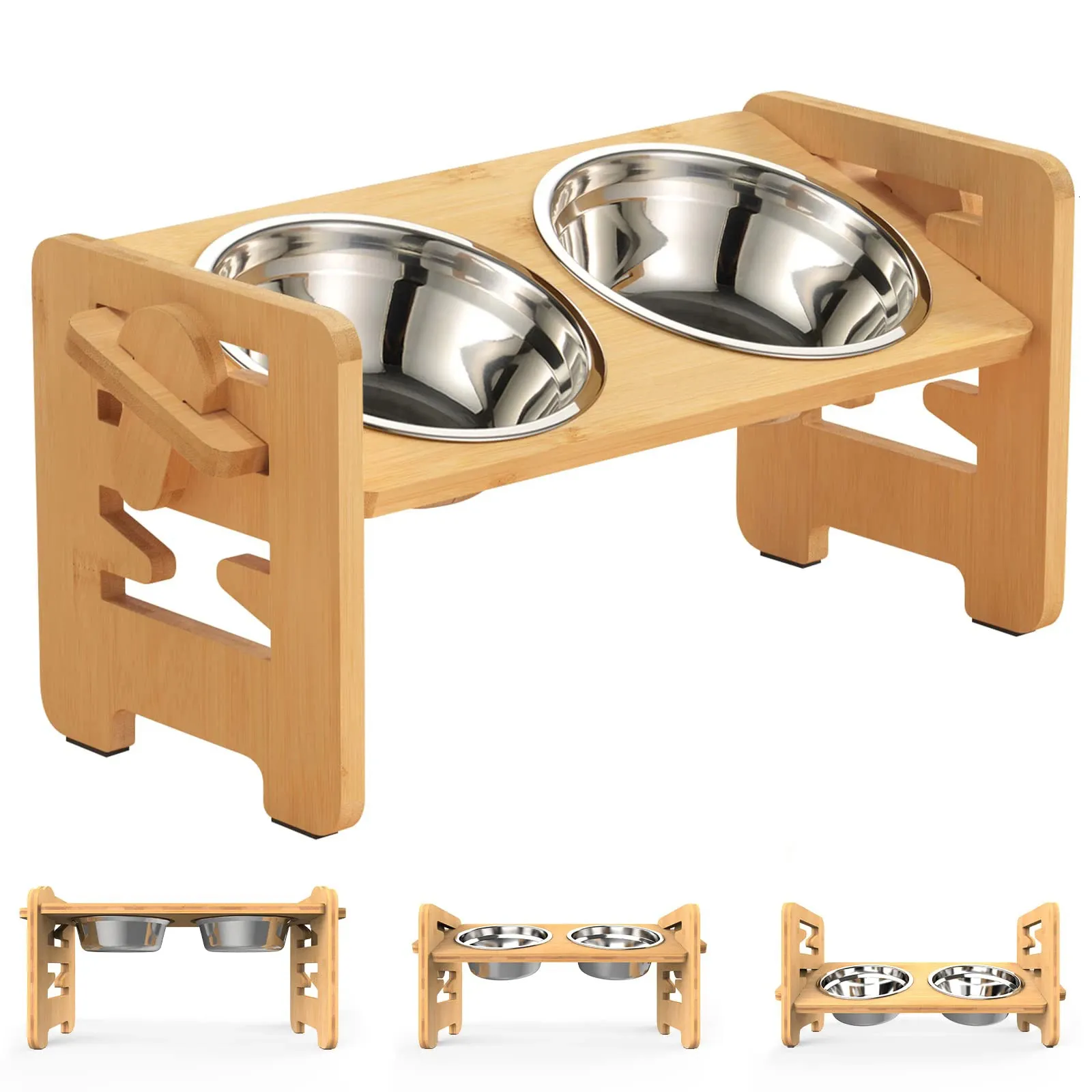 Gamelles pour chiens Gamelles surélevées pour chiens Support d'alimentation réglable incliné en bambou avec bols de nourriture en acier inoxydable pour chiots Chats Accessoires pour animaux de compagnie 231023