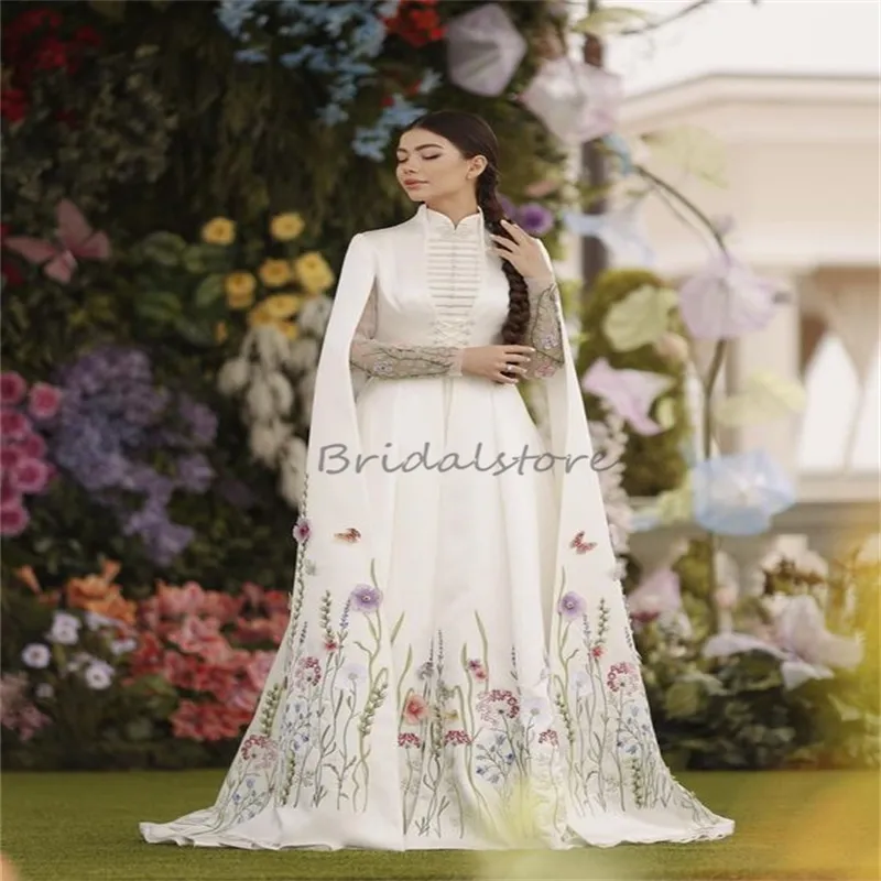 Vestido de novia bordado Muslimah caucásico con capa 2024 caftán marroquí turco colorido vestido de novia malayo vestido de novia georgiano Vestido de novia elegante