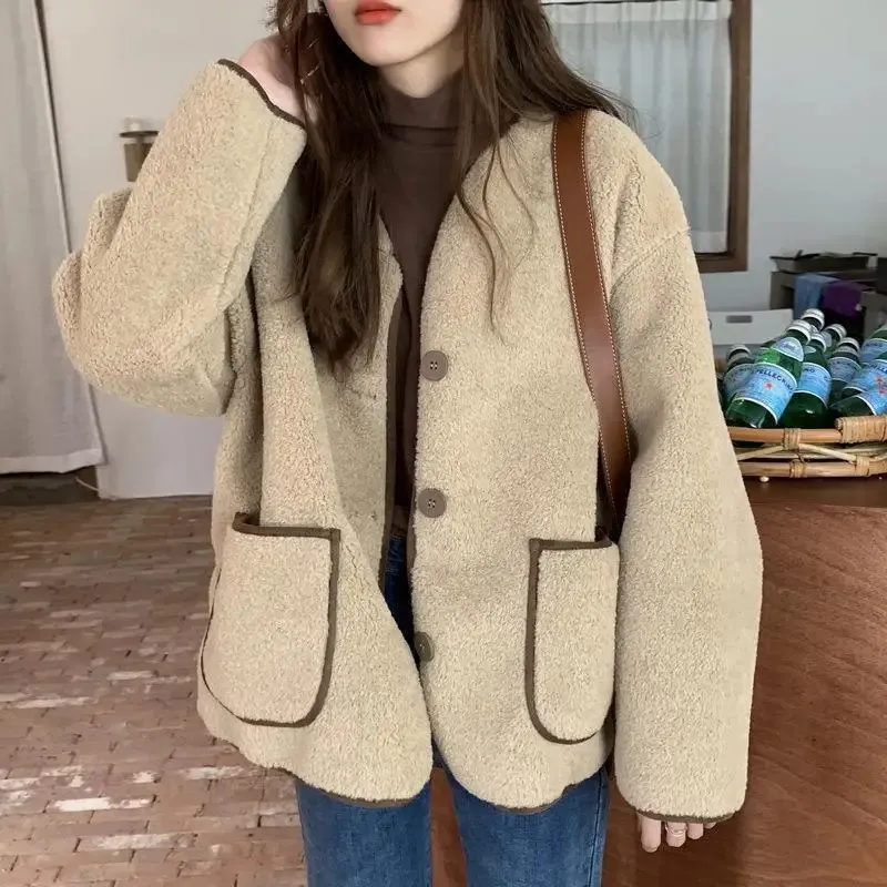 Womens Wool Blends Women Autumn Winter Warm Teddy Casat Berbere Fleece Round Collar Jacket Short Pluxh Outer;