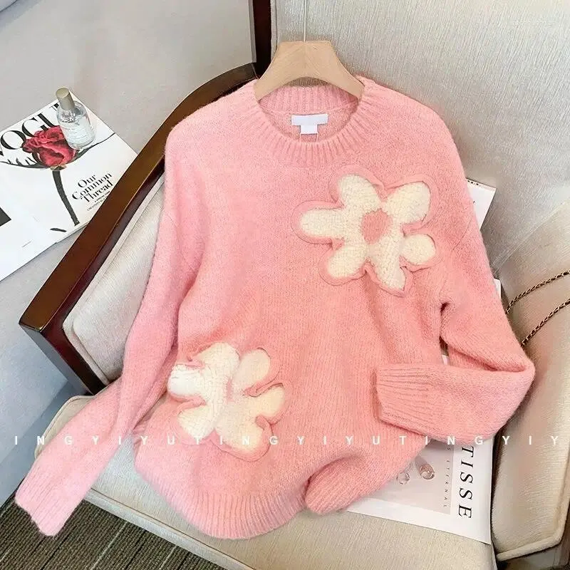 Women's Sweaters Chic Flower Knitted Pullover Women Cover Hip Sweater O Neck Jumper Loose Long Sleeve Wool Knitwear Autumn Winter