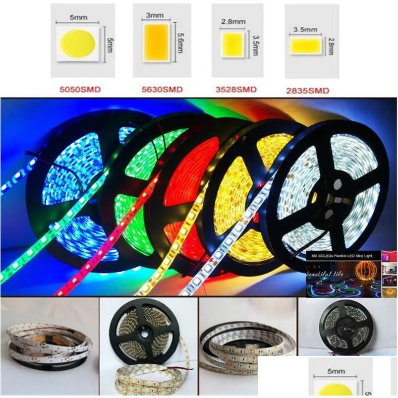 LEDストリップストリップライト5050 5630 2835フレキシブルロープ5m 60LEDS/M 300LED SMD 12Vランプキャビネットドロップ配信LIG DHMUO