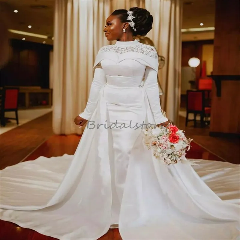 Nigeria African White Wedding Suknianta z usuwanym Skrit Muslimah Long Sleeve 2 w 1 koronkowe suknie ślubne kabriolety Rustic Country Vestido de noiva casamento 2024