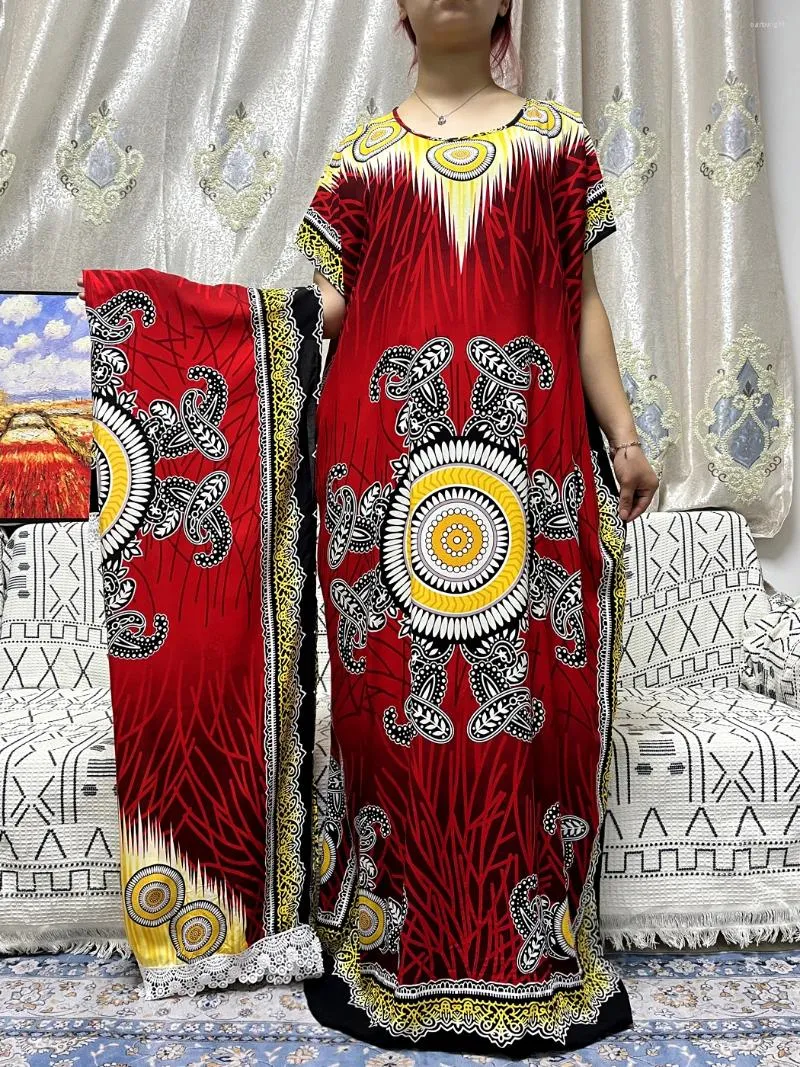 Abbigliamento etnico Abaya per le donne 2023 Dubai stampato in cotone maniche corte vestibilità ampia Femme Robe vestito tradizionale africano con grande scialle
