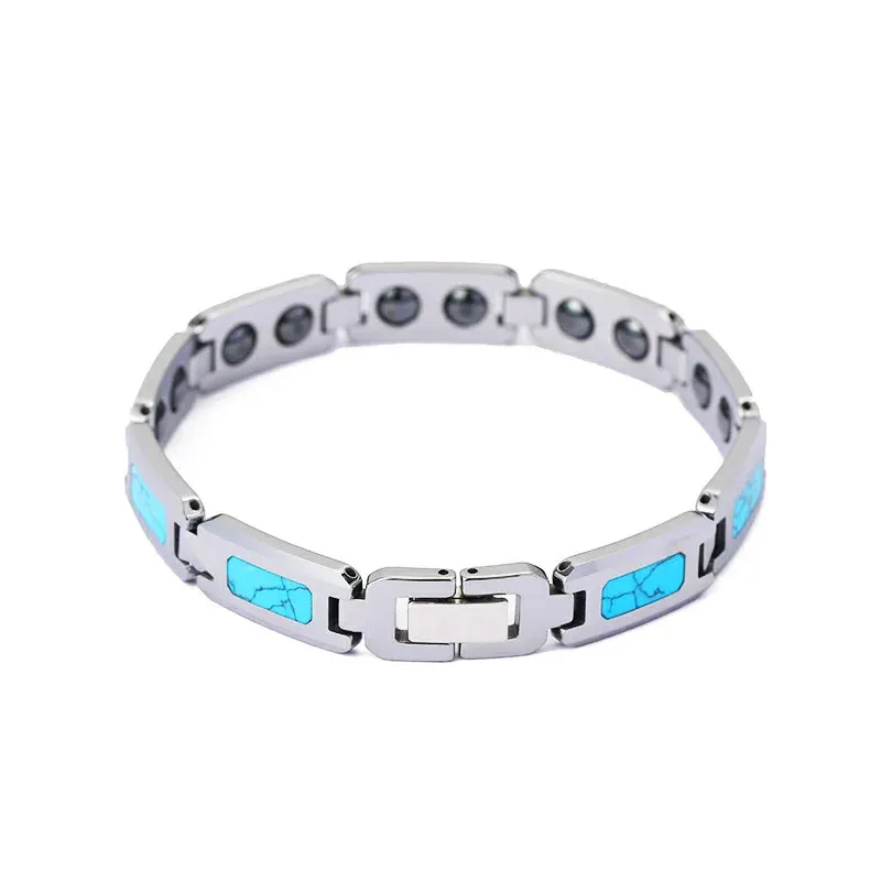 Mens Charm Bracelet, Blue Turquoise Inlaid Tungsten Carbide
