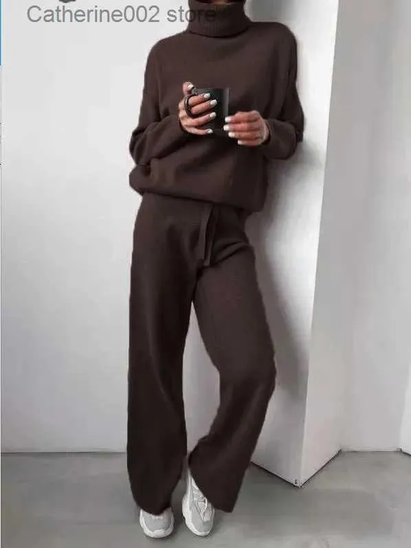 Women's Two Piece Pants Knitted 2 Pieces Set Women Turtleneck Long Sleeve Sweater Solid Wide-Leg Pant Tracksuits Autumn Female Casual Homewear Outfits T231024