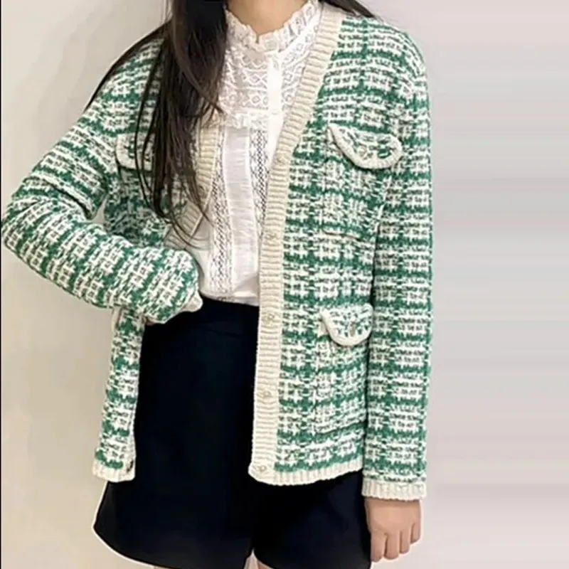 Pulls pour femmes vert Tweed surdimensionné ouvert Cardigan pull S M L231023