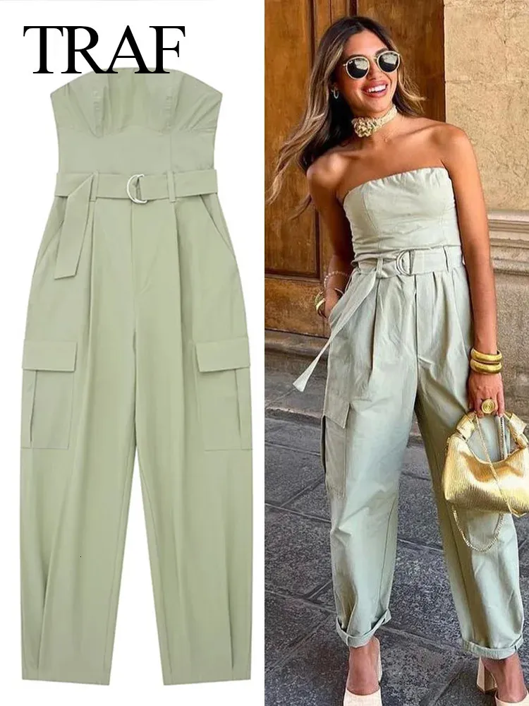 Women's Two Piece Pants TRAF 2023 Autumn Women Fashion Y2K Jumpsuit Solid With Belt Sleeveless Green Cargo Pant Female Loose Chic Jumpsuits Clothing 231023