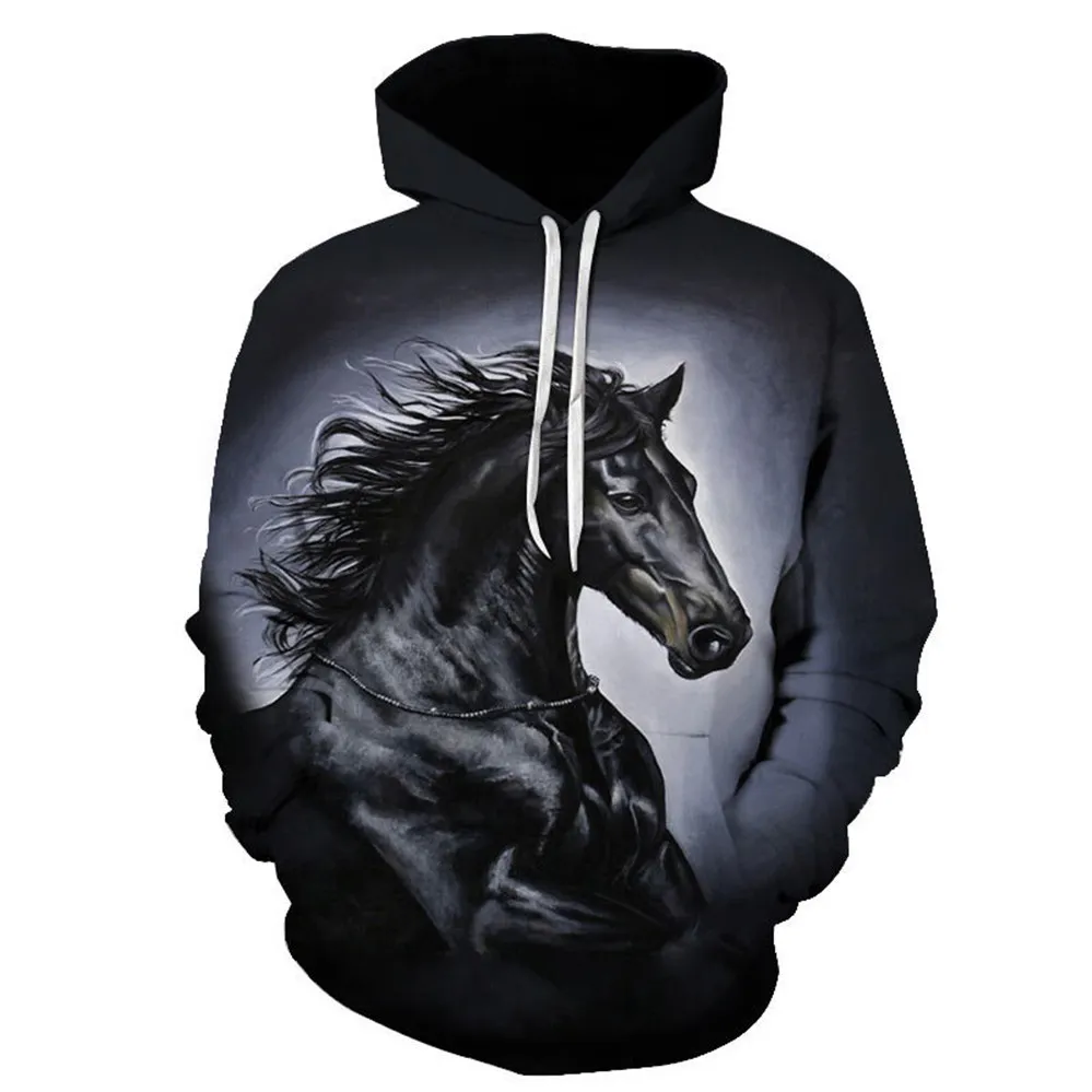 Bluzy z kapturem z kapturem Męskie z kapturem Dark Horse 3D Digital Printed Animal Horse Men's Casual Pullover Sweter