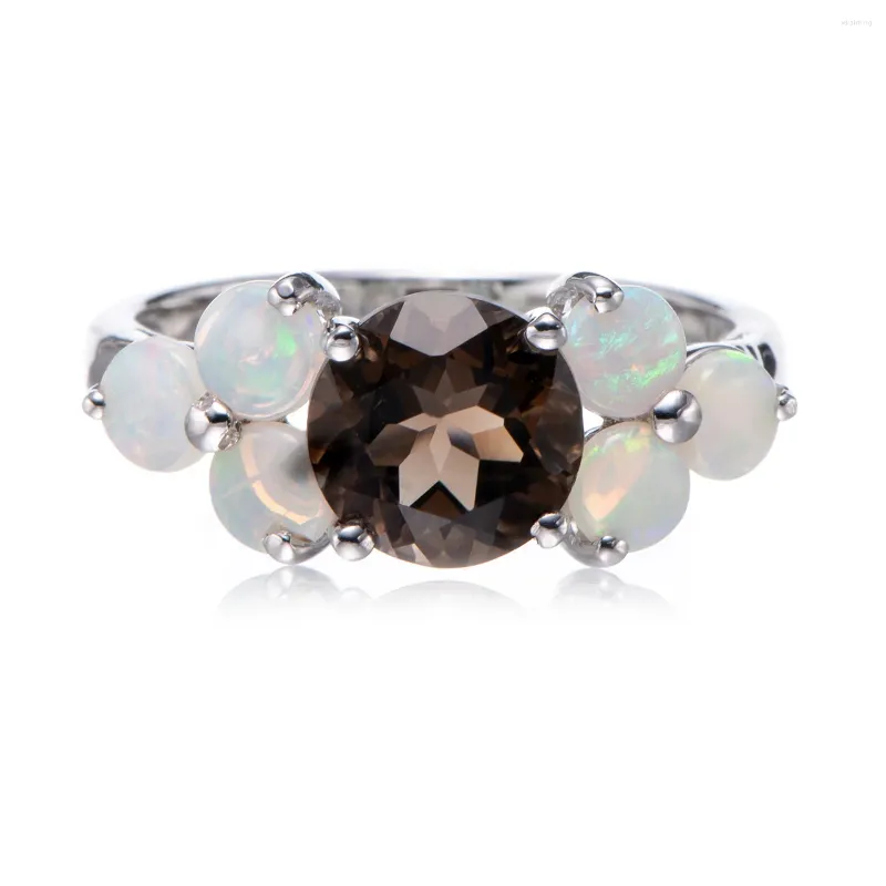 Anéis de cluster 8mm quartzo esfumaçado e opala ródio sobre anel de prata esterlina