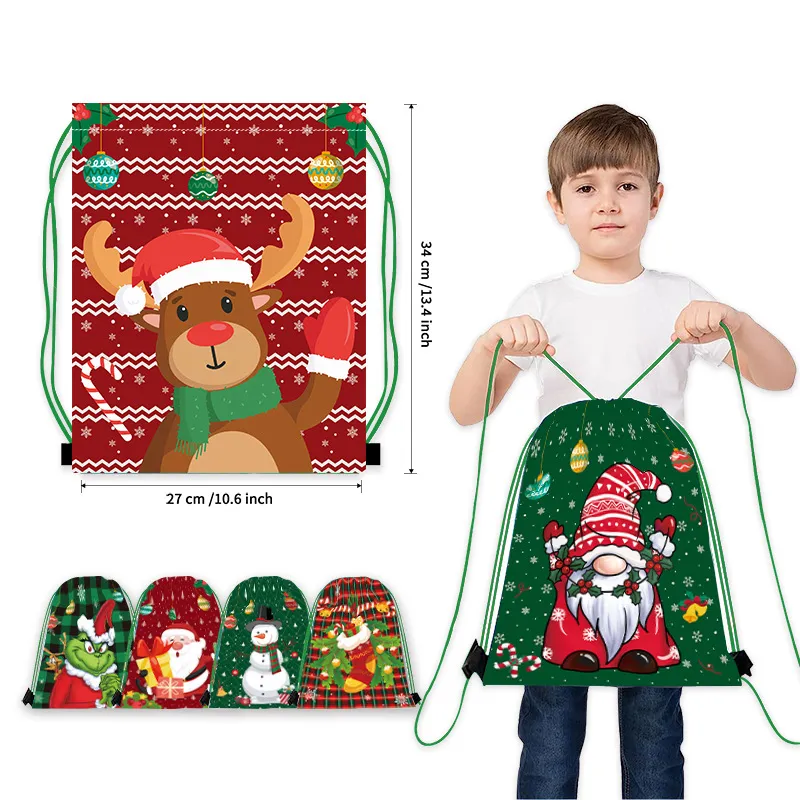 Christmas Drawstring Backpack Gift Bags Xmas Goody Treat Bags Santa Claus Snowman Green Monster Wrapping Gift Bags for Kids Holiday Party Christmas Decorations