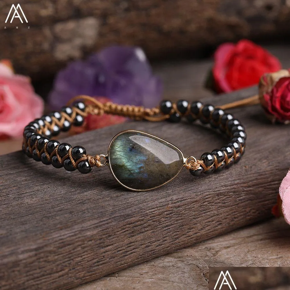 Charm armband naturliga stenhjärta charms pärlor yoga labradorite kvarts knuten flätad för kvinnor vänskap smycken 230215 drop del dhvgy