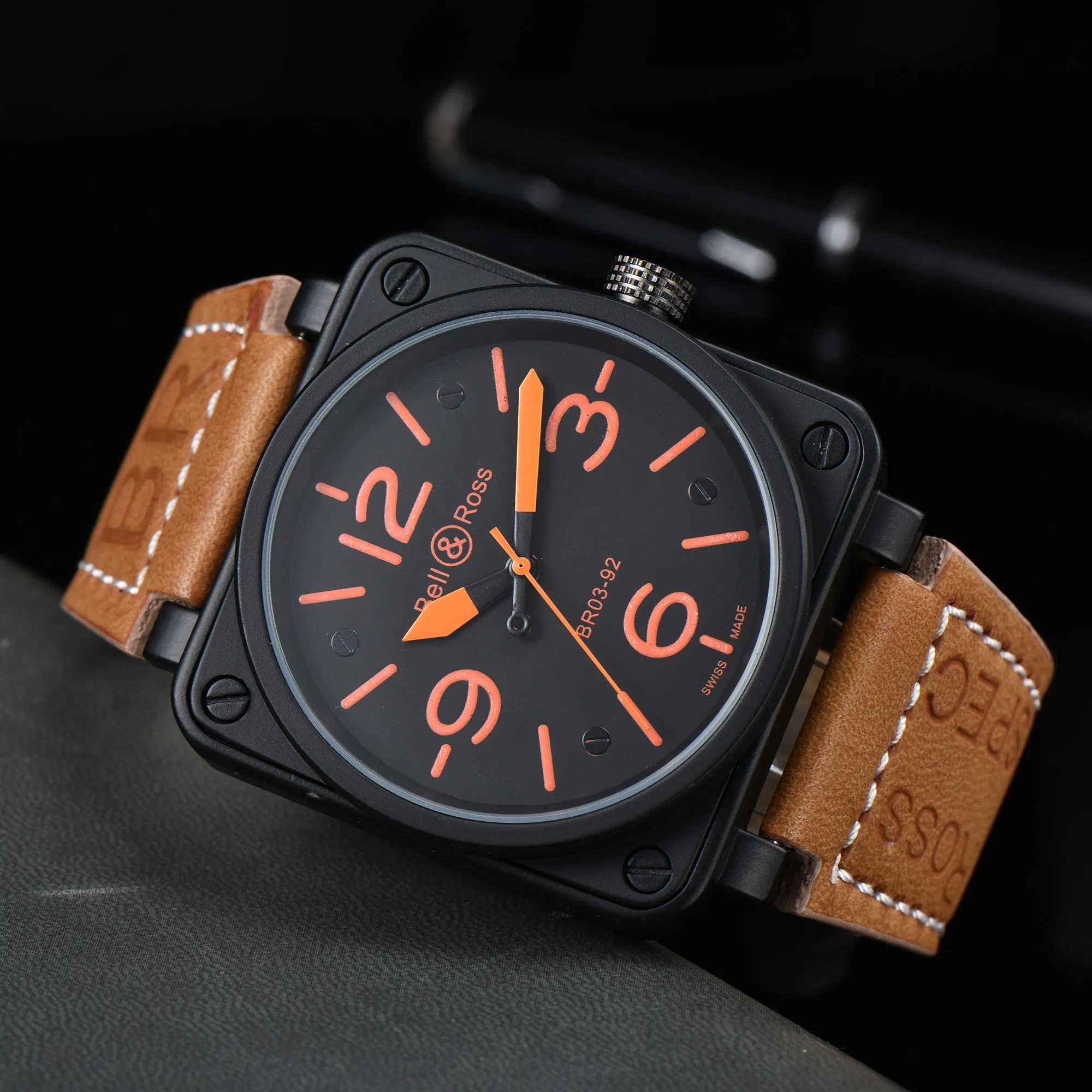 Высококачественный лучший бренд Bell Ross Мужские часы Повседневная мода Многофункциональный хронограф с кожаным ремешком Автоматические механические мужские часы Дизайнерский механизм