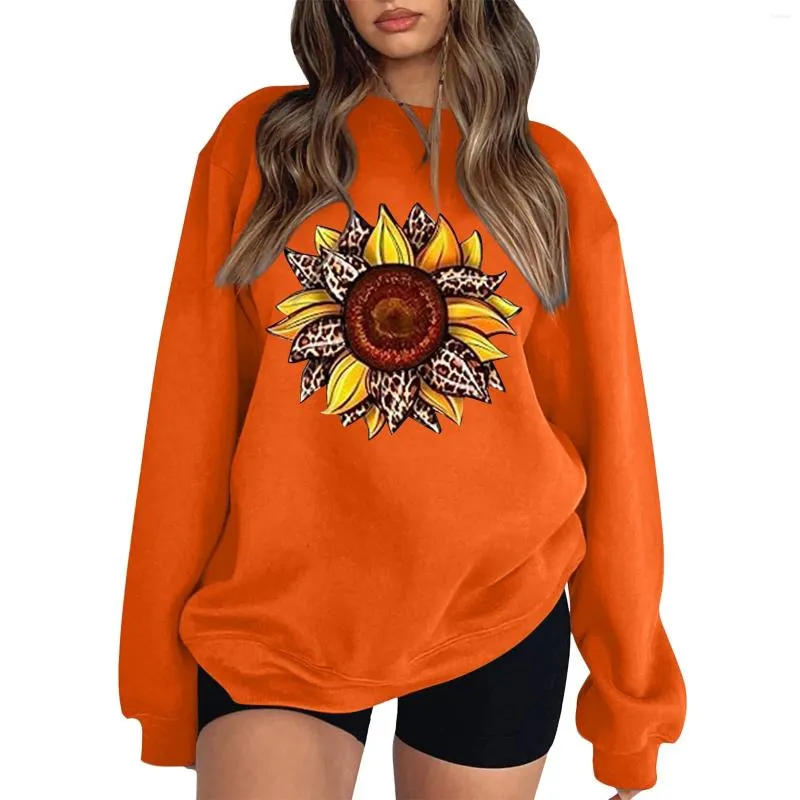 Women's Hoodies Fall Winter Sweatshirts For Womens Casual Sunflower Print Drop Shoulder Long Sleeve Pullovers Oversized Loose Fit Tops