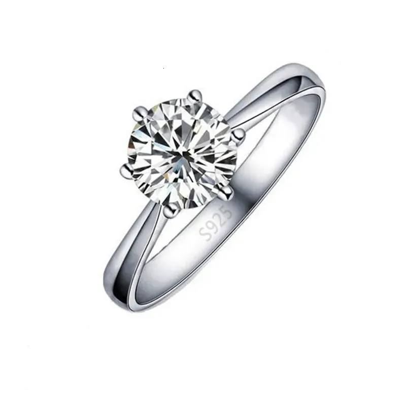 Bröllopsringar Elegant Classic Real 925 Sterling Silver Finger Rings smycken Crystal Cubic Zircons 6 Claws Women Wedding Anillos 231024