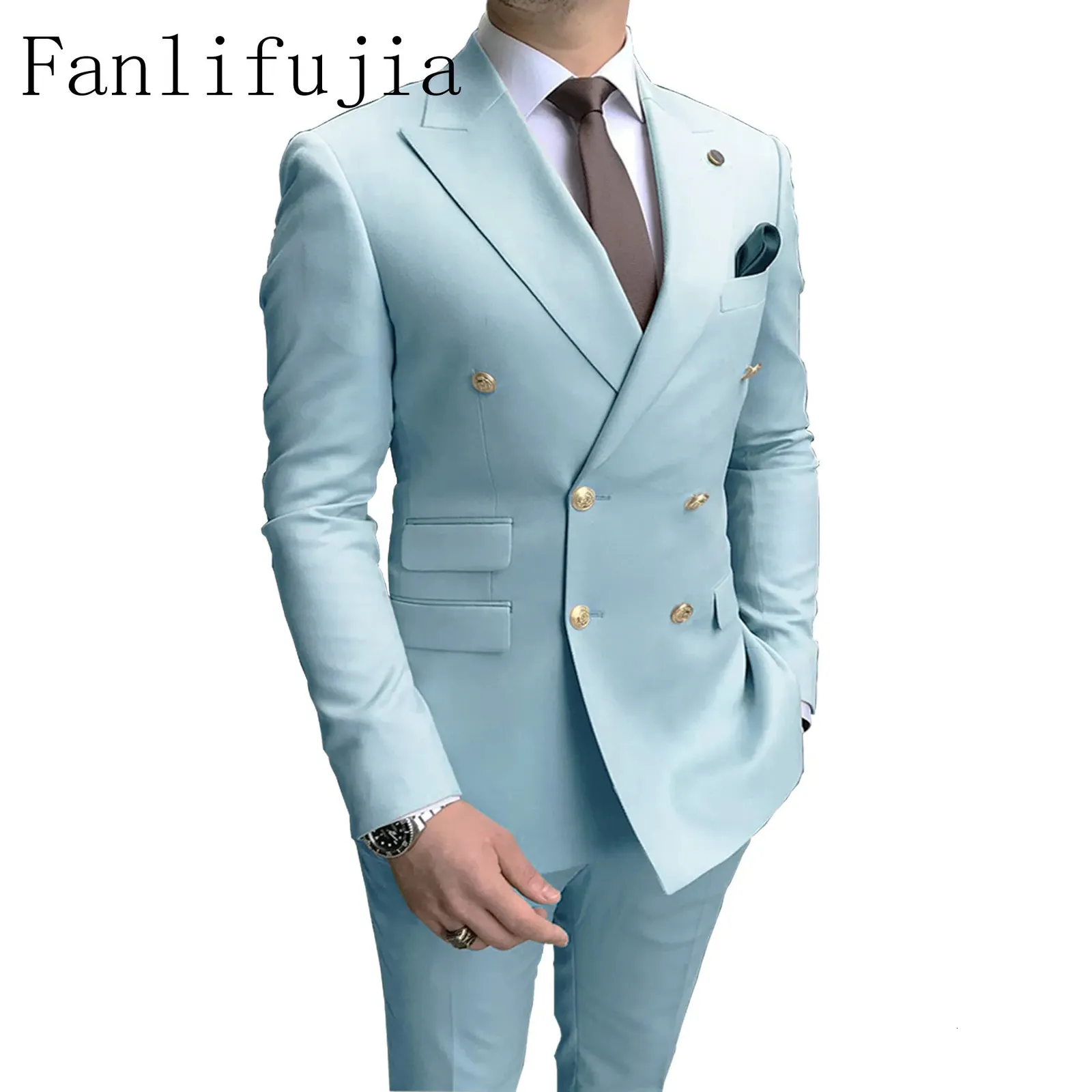 Męskie garnitury Blazers Fanlifujia Store Casual Sky Blue Men podwójnie Brested Lapel Gold Button Groom Wedding Tuxedos Costume Homme 231023