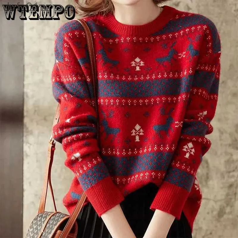 Women's Sweaters Simplee O-neck Fashion Christmas Sweaters Women Long Sleeve Autumn Winter Deer Print Knitted Female Pullover Ladies SweaterL231024