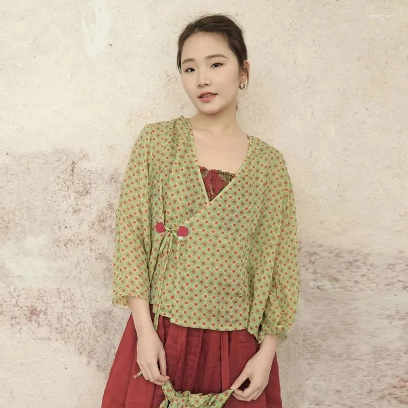 Blouses pour femmes QPFJQD Femme Neuf Manches Chemises de style chinois 2023 Été Automne Rétro Imprimé Floral Et Hauts Col En V