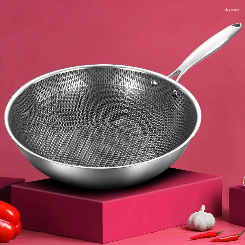 Pannor 32 cm rostfritt stål Wok obelagd non-stick pan gas och induktionskokare