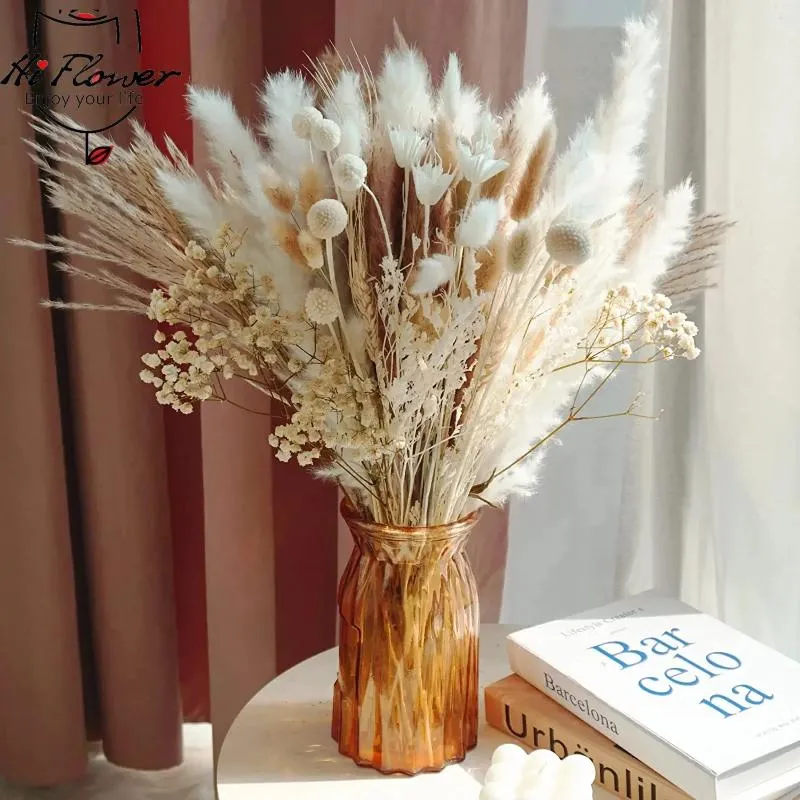 Flores decorativas 104 pçs natural pampas grama caudas arranjos de buquê seco decoração para casa gypsophila bebê respiração decorações de casamento