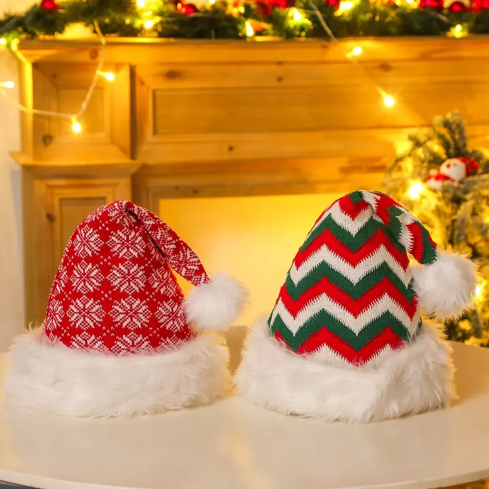 Red Christmas Hat Soft Plush Striped snowflak Hats Santa Claus Cosplay Cap Children Adults Xmas Party Decoration Caps TH0091