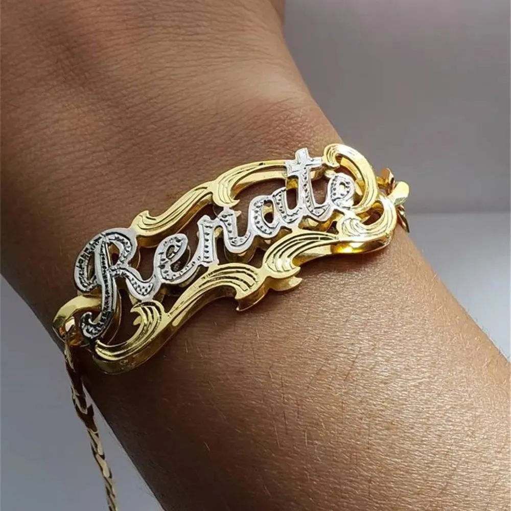 Double Plate Name Bracelets Two Toned Name Bracelet Stainless Steel Cuban  Chain Name Bracelet for Women
