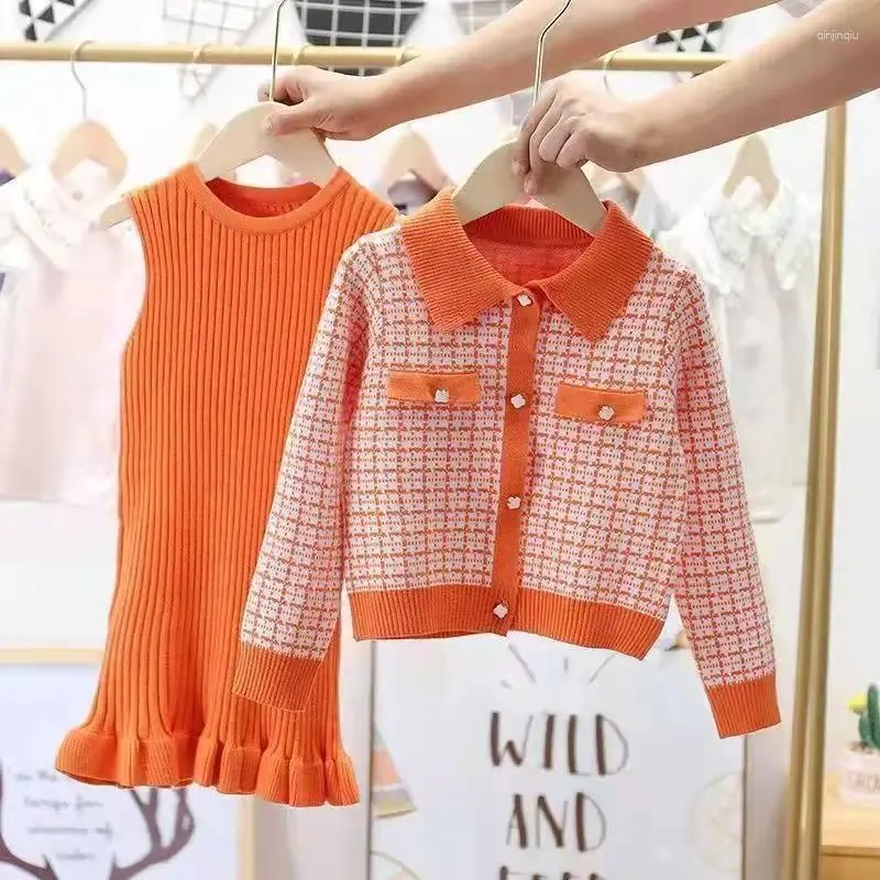 Kleidung Sets Junge Kinder Set für Mädchen Herbst Winter Baumwolle Gitter Jacke Gestrickte Dünnes Kleid 2 stücke Kinder Teen Kleidung 4 bis 12