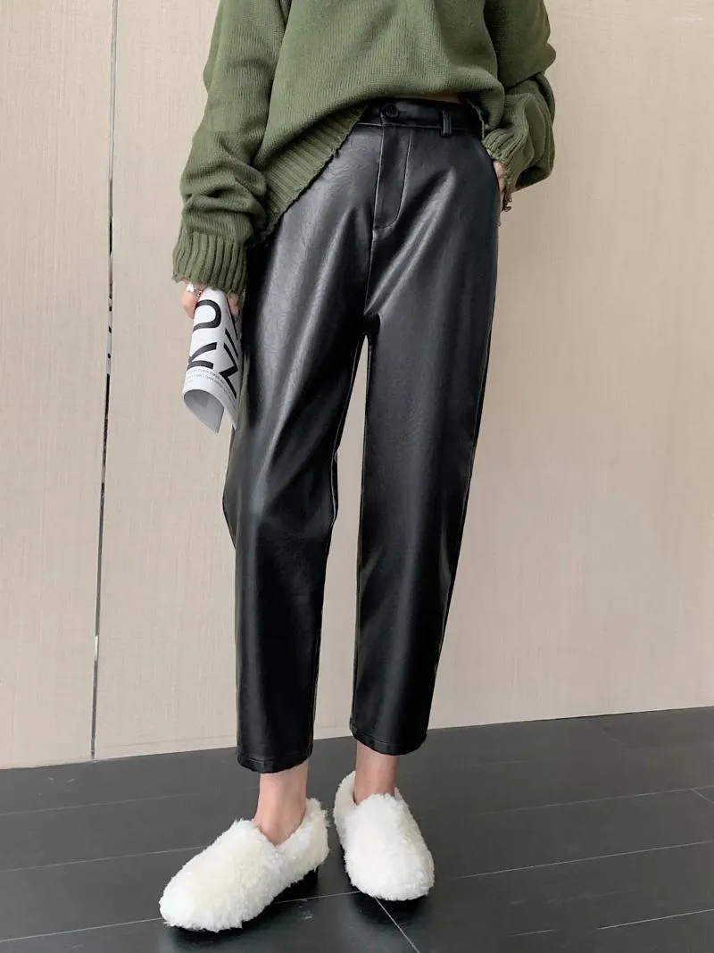 Pantalon en cuir PU pour femmes, sarouel taille haute, Vintage, couleur unie, décontracté, noir, longueur cheville, automne hiver 2023