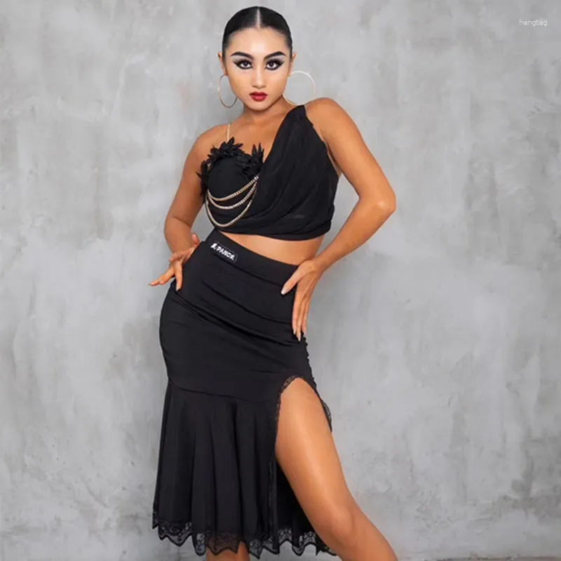 Stage Wear Costume da ballo latino Donna Nero Fiore irregolare Top Gonna spaccata in pizzo Abbigliamento per pratica per adulti Rumba Samba Dress DNV18688